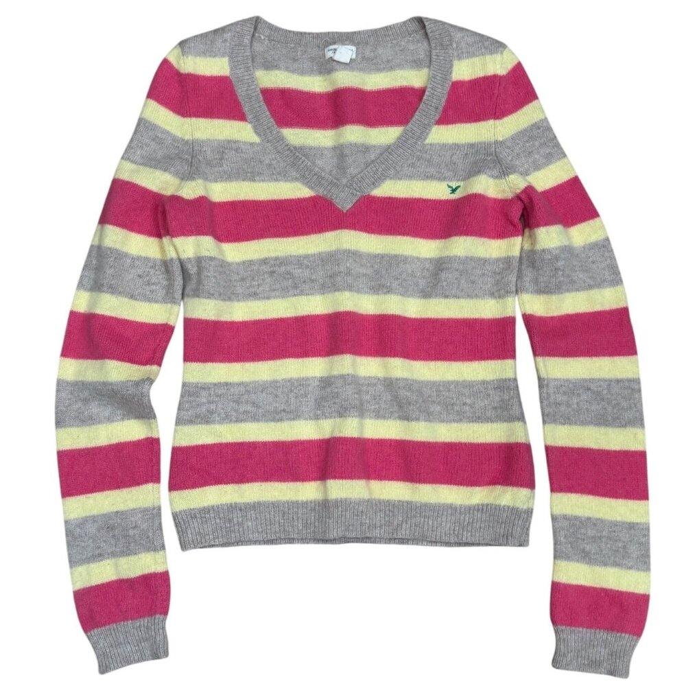 Vintage Y2K American Eagle V Neck Striped Sweater Angora Blend Medium
